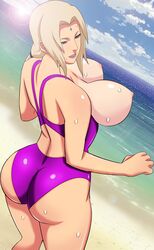 1girls ass bare_legs bare_shoulders beach big_ass blonde_hair breasts breasts_out brown_eyes cloud female large_breasts lipstick long_hair looking_away naruto naruto_shippuden nipples pink_lipstick shiny shiny_skin sky smile solo sweat swimsuit tagme tsunade water