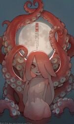 badou_(zhaoyebai) colored_skin completely_nude female full_moon highres looking_at_viewer monster_girl moon non-web_source nude open_mouth original pink_skin scylla simple_background smile tentacle tentacle_hair water watermark web_address zhaoyebai