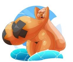 almost_naked almost_nude angela_(thegentlebro) beach big big_ass big_breasts covered_nipples enjoying happy huge_breasts milf mostly_nude orange_body orange_hair slime slime_girl smile smiling summer sunny tagme taped_nipples thegentlebro