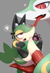 2_penises absurd_res animal_genitalia animal_penis anthro biped blush bodily_fluids cat_costume clothing costume cute_fangs duo erection eyelashes fangs female female_penetrated feral forked_tongue generation_5_pokemon genitals green_body grey_background hemipenes hi_res kalu_fox male male/female male_penetrating male_penetrating_female multi_genitalia multi_penis multicolored_body nintendo open_mouth penetration penile penile_penetration penis pokemon pokemon_(species) red_eyes serpentine serperior sex simple_background snivy speech_bubble sweat teeth tongue vaginal_penetration vaginal_penetration white_body yellow_body