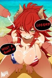 absurd_res american_flag_bikini animal_humanoid antmongo beach bikini bodily_fluids breasts bukkake clothing colored_nails cum dialogue disembodied_penis dragon dragon_humanoid ejaculation female flag_bikini furgonomics furry-specific_piercing genital_fluids genitals hair hi_res horn horn_piercing humanoid male male/female mythological_creature mythological_scalie mythology nails outside penis piercing red_hair scalie swimwear text two-piece_swimsuit vtuber zentreya