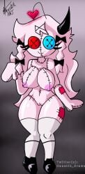 1girls antenna artist_name big_breasts black_shoes breasts button_eyes demon_horns doll female female_only friday_night_funkin friday_night_funkin_mod heart-shaped_antenna heterochromia long_hair mid-fight_masses nasatik_draws nipples pink_areola rasazy rasazy_(dokki.doodlez) shoes socks solo thick_thighs thighs vulva white_socks