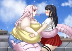 2girls bbw belly blush chubby chubby_female lamia meatpedal monster_girl obese original original_character overweight overweight_female pink_hair snake snake_tail snake_tongue tongue touching_belly yuri