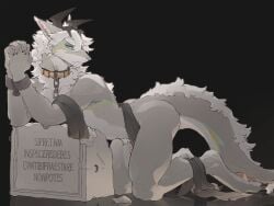 2025 anthro blue_eyes collar cuff_(restraint) dragon eastern fur furred_dragon furred_scalie genitals grey_body grey_fur hair handcuffs hi_res horn looking_at_viewer luxury_gin male metal_cuffs mythological_creature mythological_scalie mythology penis pubes restraints scalie solo tail white_body white_fur