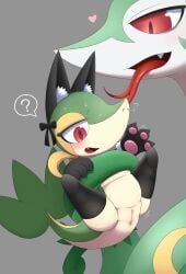 absurd_res anthro biped blush bodily_fluids cat_costume clothing costume cute_fangs duo eyelashes fangs female feral forked_tongue generation_5_pokemon green_body grey_background hi_res kalu_fox male multicolored_body nintendo open_mouth pokemon pokemon_(species) red_eyes serpentine serperior simple_background snivy speech_bubble sweat teeth tongue white_body yellow_body