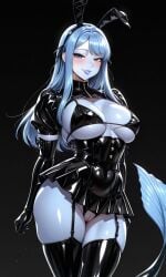 ai_generated anahita big_breasts blue_body blue_eyes blue_hair blue_skin blush breasts bunny_ears bunny_girl bunnysuit calamity_mod female merfolk mermaid terraria