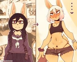 absurd_res alternative_fashion anthro asian_clothing before_and_after belly bottomwear clothed clothing crossdressing east_asian_clothing emergence eyewear femboy glasses gyaru hair hi_res j-fashion japanese_clothing japanese_school_uniform lagomorph leporid male mammal naori_(nepentz) navel nepentz panties parody piercing rabbit school_uniform shorts skirt smile solo standing tan_body tattoo topwear transformation underwear uniform white_hair