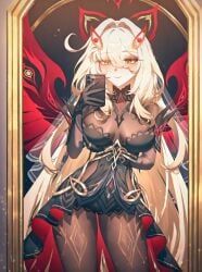 absurd_res ahoge ai_generated arm_behind_back arm_under_breasts bare_shoulders black_bodysuit black_dress black_gloves black_pantyhose blonde_hair blush bodystocking bodysuit breasts cellphone cleavage closed_mouth contrapposto cowboy_shot dress elbow_gloves energy_wings eyeliner eyes_visible_through_hair female genshin_impact gloves gold_trim hair_between_eyes hair_intakes hair_ornament hairclip halo hand_up holding holding_phone large_breasts long_hair looking_at_mirror looking_at_phone looking_at_viewer makeup medium_breasts ministro mirror pantyhose phone red_eyeliner red_wings reflection ronova_(genshin_impact) see-through selfie smartphone smile solo standing taking_picture thighs veil very_long_hair white_hair wings yellow_eyes