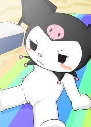 beach black_eyes blush chibi demon female fur genitals hi_res hood kuromi lagomorph leporid looking_away mammal nude nude_female onegai_my_melody pussy rabbit sanrio sitting solo sunbathing vulapa vulva white_body white_fur