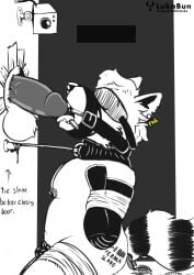 blindfold bondage bound chastity_cage chastity_device collar duct_tape english_text gag glory_hole hi_res homophobic_slur lukabun mammal nipple_piercing nipples piercing procyonid raccoon recording security security_camera slightly_chubby submissive_male tape tattoo text