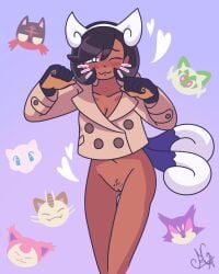 1girls black_hair blush cat cat_ears cat_girl cat_tail catgirl dark-skinned_female embarrassed embarrassed_nude_female emma_(pokemon) emma_(z-a) feline female female_focus female_only half-dressed half_naked jacket litten meowth mew miraclemattr no_sex pokemon pokemon_legends:_z-a pubic_hair purrloin pussy short_hair skitty sprigatito
