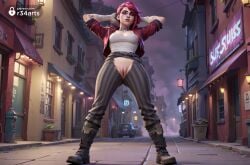 1girls ai_generated arcane arcane_vi arm_tattoo artist_name belt black_footwear boots breasts car character_name choker collarbone cropped_jacket crotchless facial_tattoo full_body gloves hi_res jacket large_breasts league_of_legends looking_at_viewer motor_vehicle netflix night no_panties open_clothes open_jacket outdoors pants piercing pink_hair pussy r34arts red_hair red_jacket riot_games shirt short_hair solo standing striped_clothes striped_pants tattoo torn_clothes torn_pants uncensored undercut vi vi_(league_of_legends) white_shirt