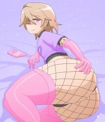 1boy aeltrix armwear ass background bed bedroom_eyes big_ass big_butt blonde_hair blush bulge crop_top ear_piercing femboy fishnets half-closed_eyes human looking_at_viewer male male_only midriff phone piercing pink_thighhighs presenting presenting_hindquarters purple_eyes purple_shirt seductive shirt solo stockings thigh_highs thighhighs turtleneck underwear v_sign