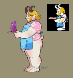 anthro apron asgore_dreemurr blonde_hair blue_eyes bodily_fluids bottomless bovid caprine clothed clothing deltarune dildo food fur genital_fluids genitals goat hair hi_res horn leaking_precum male mammal pantsless partially_clothed penis plate precum purple_dildo reference_image ryonane sad sex_toy shirt solo topwear undertale undertale_(series) wet wet_apron wet_clothing white_body white_fur