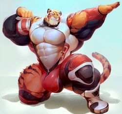 1boy abs anthro armpits belly biceps big_biceps big_muscles blue_eyes bulge clothing feline flexing front_view fur huge_muscles looking_at_viewer male male_only mammal manly muscular muscular_male nolan null-ghost open_mouth orange_fur pecs pose simple_background smile solo standing teeth tiger tongue torn_clothing vein