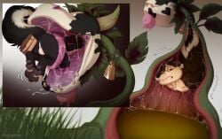ambiguous_gender anthro backsack balls black_body black_fur bodily_fluids cake_slice collar cowbell cowplant_(the_sims) detailed_mouth duo electronic_arts eyeless fur genitals horn inside_mouth inside_stomach leaf male male/ambiguous mammal markings maxis_(ea) mephitid monster_pred mouth_shot nude_anthro nude_male open_mouth oral_vore pawpads paws plant_monster poisewritik rear_view saliva saliva_string skunk spots spotted_body stomach_acid swallowing teats the_sims tongue tongue_around_body udders vore white_body white_fur