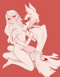 alastor_(hazbin_hotel) blonde_hair breast_feeding breast_squeeze breast_sucking breasts breasts_out charlastor charlie_morningstar_(hazbin_hotel) clothed_male clothed_male_nude_female deer_humanoid deerlydepart embarrassed female fully_naked fully_naked_female fully_nude hazbin_hotel male milk sweat
