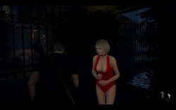 1boy 1girls 3d ashley_graham cleavage female game_screenshot leon_scott_kennedy male mod one-piece_swimsuit red_one-piece_swimsuit resident_evil resident_evil_4_remake swimsuit