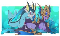 1boy 1girls 2016 areolae atlantean_syndra black_sclera blue_hair breasts canine canine_penis covered_eyes crossover cum cum_in_pussy cum_inside eeveelution feet female feral forgotten_depths_series human human_on_feral interspecies knot league_of_legends leg_grab licking_lips long_hair male mammal navel nintendo nipples open_mouth paws penetration penis pokémon_(species) pokemon purple_eyes purple_skin pussy_juice riot_games sex smile spread_legs straight syndra tail tongue tongue_out vaginal_penetration vaporeon video_games wet whimsydreams zoophilia