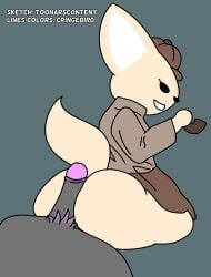 2021 aggressive_retsuko aggretsuko avian collaboration corvid corvus_(genus) cringebird crow daryl_(cringebird) detective detective_hat detective_outfit duo female fennec fennec_fox fenneko hot_dogging nonbinary oc_x_canon pipe pubes pubic_hair solo_focus toonarscontent