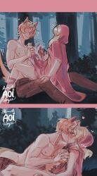 1boy 1girls aoiabyss breast_grab childe_(genshin_impact) female genshin_impact ginger kissing little_red_riding_hood_(cosplay) lumine_(genshin_impact) male male/female on_lap outdoors passionate ripped_clothing ripping_clothing straight tail tartaglia_(genshin_impact) wagging_tail wolf_ears wolf_tail woods