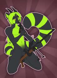 1boy anthro balls blush demon gun handgun horn male male_only mammal pinkuh pistol ranged_weapon red_panda rifle seph491 snake_penis snake_tongue solo sunburst_background tongue tongue_out weapon