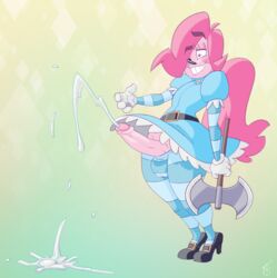 1boy 2016 androgynous axe balls balls_in_pantyhose battle_axe bimbo blue_dress clown crossdressing cum cumshot ejaculation erection femboy girly hair_over_one_eye high_heels humanoid lapinbeau long_hair magenta_eyes male male_only melee_weapon mrs._mayhem orgasm penis penis_under_dress pink_eyes pink_hair pink_skin smile solo stockings striped_stockings testicles trap weapon