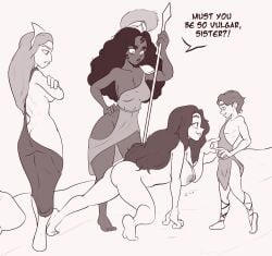 1boy 3girls aphrodite aphrodite_(greek_mythology) ass_focus athena athena_(greek_mythology) big_breasts clothed cypria dark_hair dark_skin femdom greek_mythology half-dressed hera hera_(greek_mythology) klassyarts_(artist) nude_female paris_(greek_mythology) paris_of_troy teasing text text_bubble