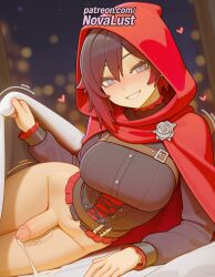 1boy 1futa 2025 ai_generated artist_name blush cloak cock corset cum dick ejaculation flower foreskin futanari heart heart-shaped_pupils hi_res high_quality high_resolution highres hood hood_up hooded_cloak nose_blush novalust patreon patreon_username penis rose ruby_rose rwby short_hair smile solo stable_diffusion symbol-shaped_pupils testicles uncensored watermark