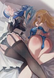 2girls blonde_hair blue_hair dark_magician_girl duel_monster female female_only kamishiro_rio legwear lipstick looking_back luna_i_love_ace maid_uniform multiple_girls rio_kamishiro short_skirt underwear yu-gi-oh! yu-gi-oh!_zexal