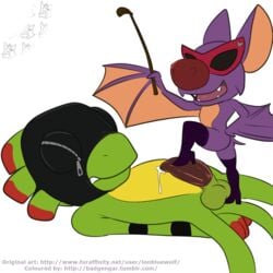 anthro bat bondage bound chameleon clothing domination duo erection eyewear female femdom footwear glasses high_heels larger_male laylee lizard lonbluewolf male mammal penis precum reptile restrained scalie size_difference smaller_female straight video_games whip yooka yooka-laylee