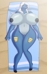 1girls 2016 anthro anthrofied areolae beach blue_skin breasts carpet closed_eyes deadpliss fangs female furry hair huge_breasts navel nintendo nipples nude outdoors pokemon pussy samurott sand seaside sleeping smile solo thick_thighs thigh_gap towel video_games white_hair wide_hips