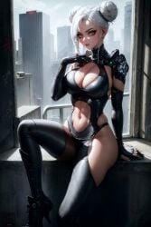 ai_generated arm_support bangs black_footwear black_gloves black_legwear black_leotard black_nails bodysuit boots breasts brown_eyes center_opening cleavage cleavage_cutout closed_mouth double_bun elbow_gloves female fingerless_gloves fingernails gloves hand_on_own_chest hand_up high_heel_boots high_heels highleg_leotard large_breasts leotard looking_at_viewer nail_polish navel navel_cutout parted_bangs parted_lips short_hair silver_hair sitting solo thick_thighs thighhighs thighs white_hair zipper