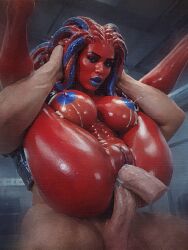 1boy 1boy1girl 1girls ai_generated alien_girl anal anal_penetration anal_sex ass blue_lipstick blue_nipples breasts cum_in_ass cum_inside dildo dildo_in_pussy double_penetration ejaculation ejaculation_in_ass faceless_male female full_nelson full_nelson_anal hetero hetero_sex heterosexual lactation large_breasts light-skinned_male lipstick male male_on_female muscular muscular_female oc oiled oiled_body oiled_skin original_character pussy red-skinned_female straight straight_sex tentacle_hair vagina vaginal vaginal_penetration