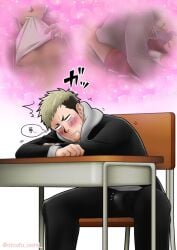 1boy 2017 2boys black_hair blonde_hair blush blush_lines bulge classroom_desk desk dream drooling erection_under_clothes gay japanese_text male male_only nipples original otoufu_oishii p.e._teacher shirt_lift student teacher teacher_and_student text translation_request two_tone_hair yankee yaoi