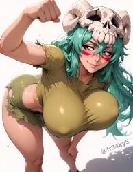 1girls ai_generated ass bent_over big_ass bleach bleach:_the_thousand-year_blood_war blue_hair breasts covered_nipples female female_only fr34ky huge_breasts light-skinned_female mature_female nelliel_tu_odelschwanck solo torn_clothes