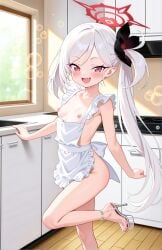 1girls ai_generated blue_archive breasts cute_fang female halo high_heels kitchen long_hair mesugaki mutsuki_(blue_archive) naked_apron nipples one_leg_up platform_heels red_eyes side_ponytail smug standing_on_one_leg white_hair