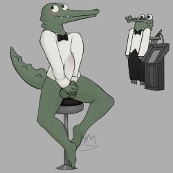 1:1 2025 4_toes absurd_res alligator alligatorid anthro balls barefoot big_bulge big_penis blush bottomless bow_tie bub_(later_alligator) bulge clothed clothing crocodilian digital_media_(artwork) erection erection_under_clothing feet furniture genitals green_body green_scales grey_background hallowmob hi_res interlocked_fingers later_alligator looking_up male non-mammal_balls penis pillowfight reference_image reptile scales scalie signature simple_background sitting smallbu solo stool tail teeth tenting toes translucent translucent_clothing translucent_topwear