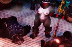 3d_(artwork) 4k absurd_res anthro bear blizzard_entertainment bodily_fluids clothed clothing digital_media_(artwork) female fur genitals group hi_res male male/female mammal nipples nude pandaren penis trio warcraft