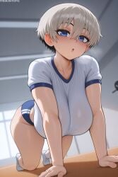 1girls ai_generated blue_eyes breasts female grey_hair gym_uniform hi_res hips huge_breasts light-skinned_female light_skin massive_breasts short_hair stuffyai thick_thighs thighs uzaki-chan_wa_asobitai! uzaki_hana wide_hips