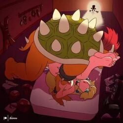 1boy big_dom_small_sub bowser condoms deep_penetration drooling feet_up fully_naked furry lube lube_bottle male mario_(series) nubiananan princess_peach sound tagme video wet_sheets