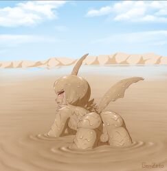 2025 absol all_fours anthro anus arm_tuft ass backsack balls blush clay dirty eyebrows generation_3_pokemon genitals genzeto hi_res horn male mud mud_covered muddy nintendo nude orange_eyes outside pokemon pokemon_(species) quarry shoulder_tuft solo tuft wam