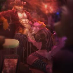 1:1 anthro anthro_on_anthro anthro_penetrated anthro_penetrating anthro_penetrating_anthro backsack balls bar belt big_penis bodily_fluids bottomwear bottomwear_down canid canine cigarette closed_eyes clothed clothing cowboy_hat cum cum_drip cum_in_mouth cum_inside cum_on_penis detailed_background dominant dominant_anthro dominant_male dripping duo felid fellatio fur genital_fluids genitals grabbing_head hat headgear headwear hi_res holding_cigarette holding_object kendryzak kneeling male male/male male_penetrated male_penetrating male_penetrating_male mammal muscular muscular_anthro muscular_male nightclub open_belt open_bottomwear open_clothing open_mouth open_pants open_shirt open_topwear oral orange_body orange_fur pantherine pants pants_down partially_clothed penetration penile penis penis_in_mouth pink_body pink_fur sex shirt sitting spread_legs spreading submissive submissive_anthro submissive_male thick_penis tiger topwear white_body white_fur
