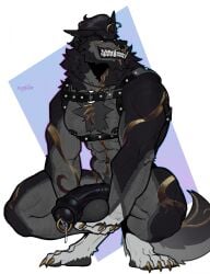 anthro arm_hair balls big_balls big_muscles big_pecs big_penis biped black_body black_fur black_hair black_lips black_penis bodily_fluids body_hair canid canine canis chest_hair claws crouching deaddragonp digitigrade facial_piercing fangs foreskin fur genital_fluids genital_piercing genitals grey_body grey_fur grin hair harness harness_only hi_res holding_balls huge_cock humanoid_genitalia humanoid_penis lip_piercing lips male mammal manly muscular muscular_anthro muscular_male nipple_piercing nipples nose_piercing nude_male pecs penis penis_piercing piercing precum prince_albert_piercing smile snakebite_piercing solo teeth thick_penis vein veiny_penis wolf yellow_eyes