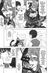 1boy 1girls ahe_gao cat_ears cat_girl censored cheshire_cat cheshire_cat's_welcome_to_wonderland cheshire_cat_(monster_girl_encyclopedia) comic cum cum_in_mouth doujin english_text fellatio licking_penis mind_break monster_girl_encyclopedia straight tagme text