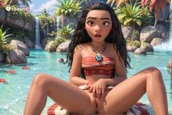 1girls ai_generated anus artist_name bare_shoulders black_hair bottomless breasts brown_eyes dark-skinned_female dark_skin day disney disney_princess dress female female_masturbation hi_res jewelry lips long_hair looking_at_viewer masturbation moana moana_2 moana_waialiki native_american necklace no_panties nose open_mouth outdoors pussy r34arts rock sitting solo spread_legs strapless tree uncensored water waterfall