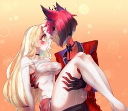 alastor_(hazbin_hotel) blonde_hair charlastor charlie_morningstar_(hazbin_hotel) deer_humanoid deerlydepart female hazbin_hotel looking_at_another male nipples nipples_visible_through_clothing princess_carry romantic wet wet_body wet_clothes wet_clothing