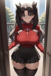 1girls 2025 ai_generated bangs black_hair black_legwear black_skirt blue_eyes blush curvaceous curvy door doorway fate/stay_night fate_(series) female female_focus hair_ribbon large_breasts long_hair long_sleeves looking_at_viewer outdoors parted_bangs pleated_skirt quaternionic red_shirt ribbon skindentation skirt solo stable_diffusion standing thick_thighs tohsaka_rin twintails two_side_up zettai_ryouiki