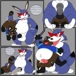3_toes 4_fingers 4_panel_comic 4_toes after_sex anal anthro big_dom_small_sub black_penis blue_clothing blue_shirt blue_topwear bodily_fluids bottomless bracelet canid canine clothed clothing cum cum_in_ass cum_inside cum_on_penis dominant dripping english_text eyewear feet fingers genital_fluids genitals gloves_(marking) half-closed_eyes jewelry kangaroo macropod male male/male mammal markings marsupial musk narrowed_eyes open_mouth penis pink_penis pokie_(pokiedragon25) pokiedragon25 precum precum_drip raccoon_dog shirt size_difference spiked_bracelet spikes spiral sunglasses tail tail_grab tanuki text toes tongue tongue_out topwear