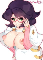 1girls 2d adjusting_glasses aether_foundation areolae artist_name breasts breasts_out clothed eyelashes female female_only glasses green_eyes hand_on_hip huge_breasts human human_only large_breasts light-skinned_female light_skin looking_at_viewer nintendo nipples no_bra open_clothes open_shirt pale-skinned_female pale_skin pink_nipples pokemon pokemon_sm purple_hair shirt simple_background smile solid_color_background solo text tofuubear watermark white_background wicke_(pokemon) wide_hips